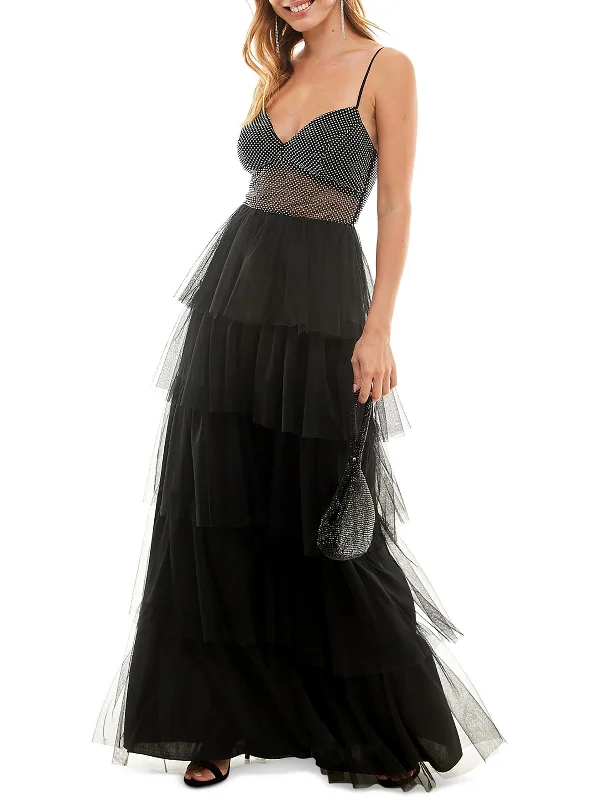 Juniors Womens Lace Up Back Tiered Evening Dress Lace Dress for Women