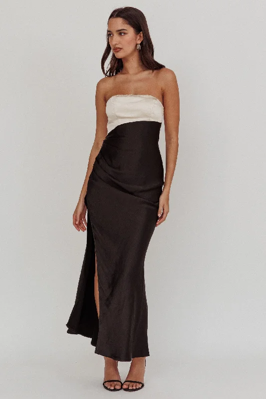 Kamillia Strapless Split Maxi Dress Black Flowing Boho Skirt