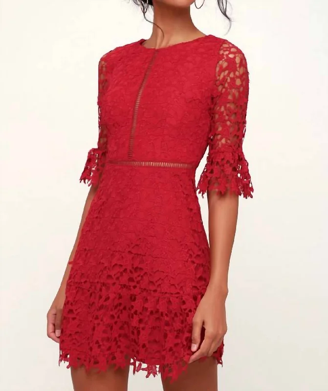 Lace A-Line Dress In Wine Red Flowy Lace Dress