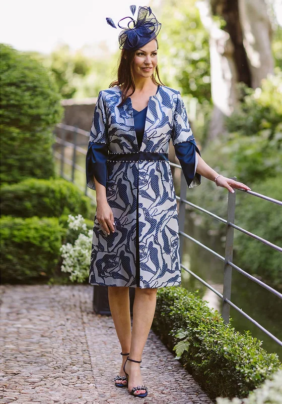 Lizabella Embossed Design Long Jacket & Dress Two Piece, Navy Front Slit Maxi