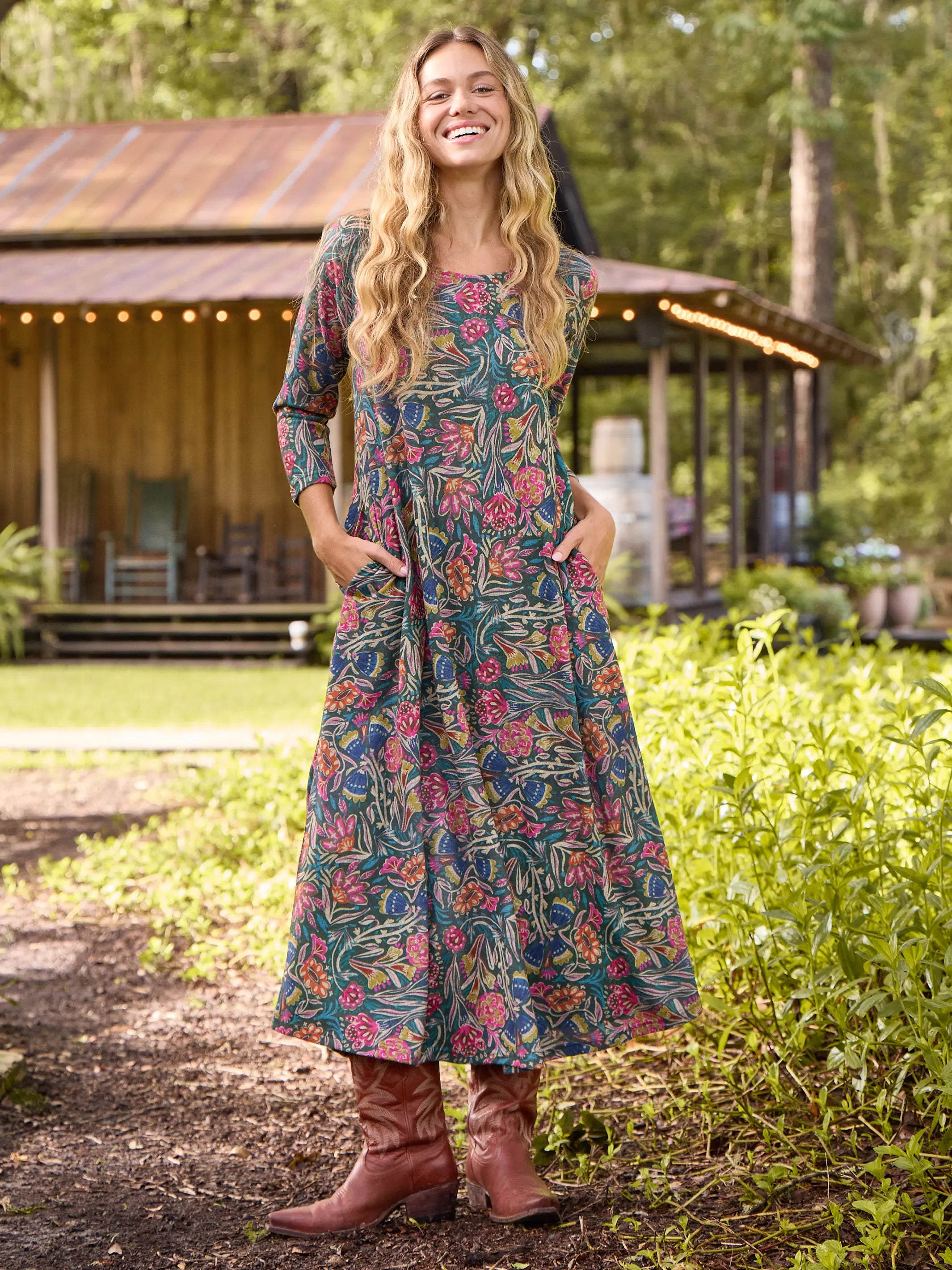 Lottie Knit Maxi Dress - Green Lined Floral High-Waisted Maxi Skirt