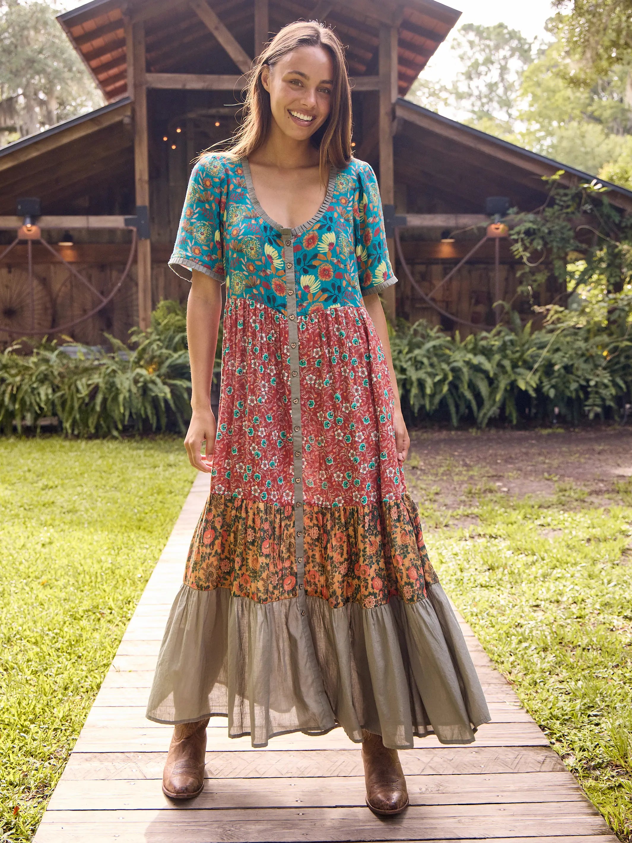 Maeve Maxi Dress - Turquoise Red Mixed Floral Ruffle Maxi Skirt