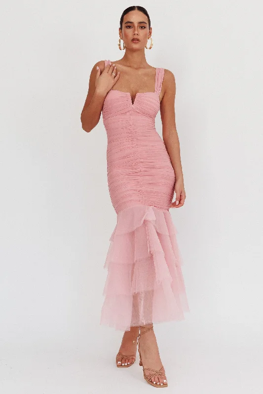 Nadia Tulle Hem Ruched Maxi Dress Pink Cozy Maxi Skirt