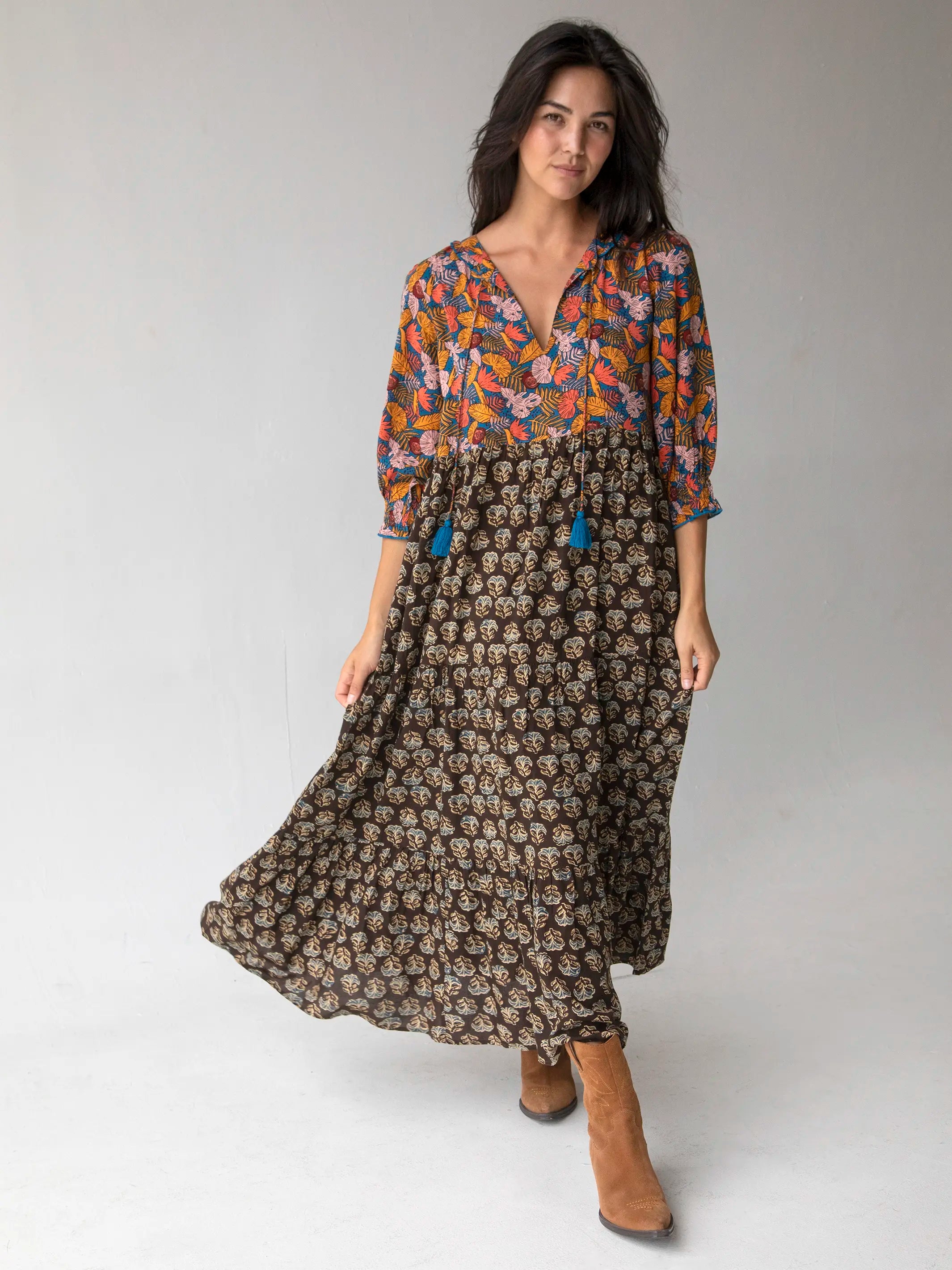 Nova Maxi Dress - Orange Brown Mix Floral Fitted Maxi Skirt