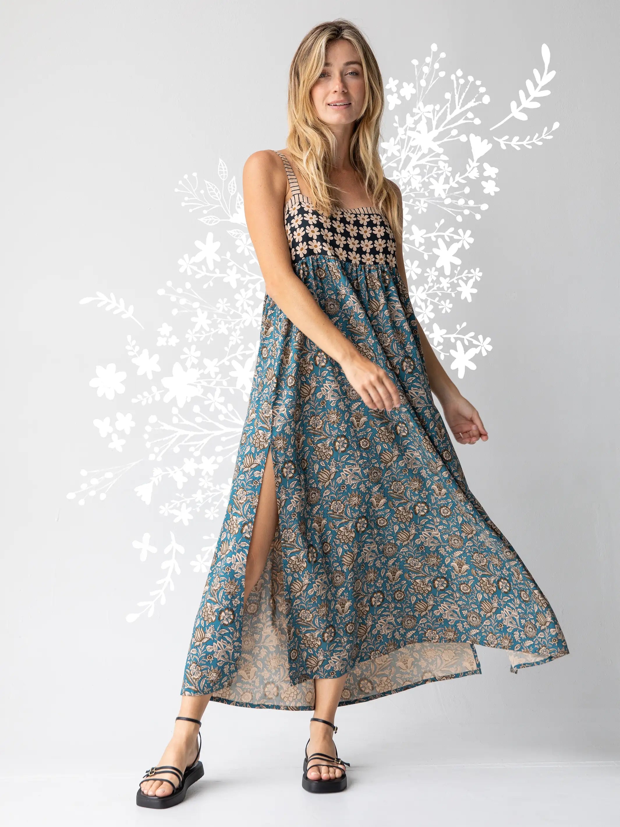 Patti Side Slit Maxi Dress - Cream Floral Mix Ruffle Maxi Skirt