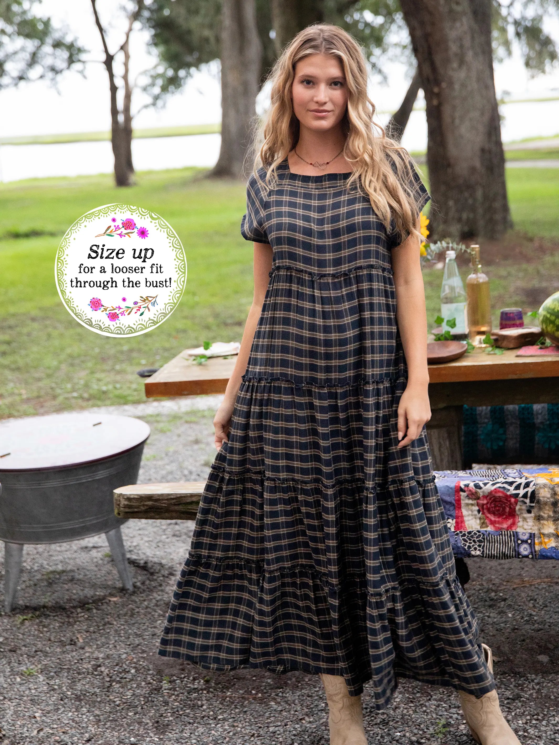 Plaid Berkley Maxi Dress - Navy Tan Plaid Maxi Skirt Trendy