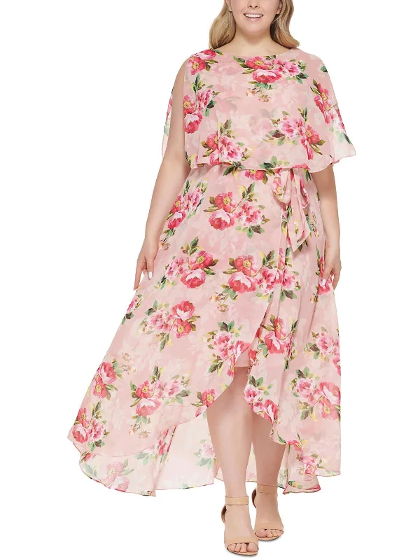 Plus Womens Floral Print Hi-Low Maxi Dress Ruffled Maxi Skirt