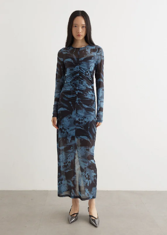 Printed Mesh O-Neck Ruched Long Dress Boho Chic Maxi