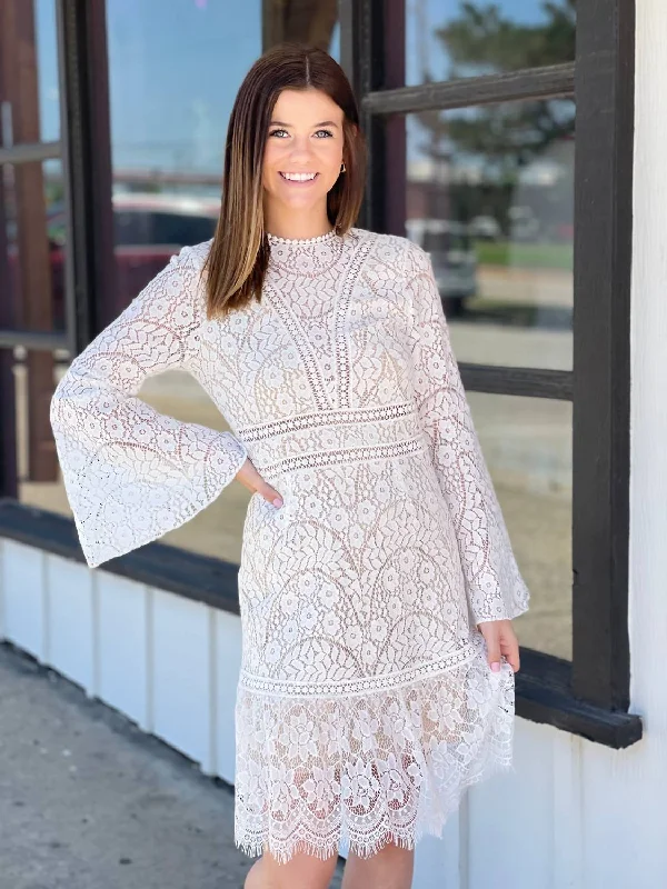 Romance Lace Bell Sleeve Dress in White Lace Wedding Gown