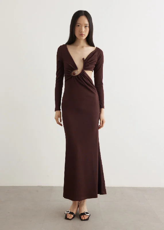 Spiral Crystal Long Sleeve Dress Front Pocket Maxi