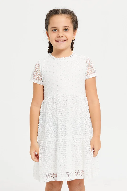 Girls White Lace Tiered Dress Lace Detail Gown