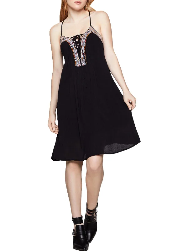 Womens Embroidered Lace-Up Sundress Lace Dress Deep V