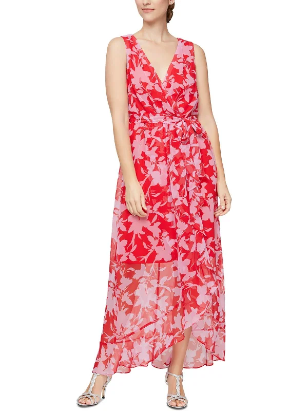 Womens Floral Faux Wrap Maxi Dress Front Slit Skirt