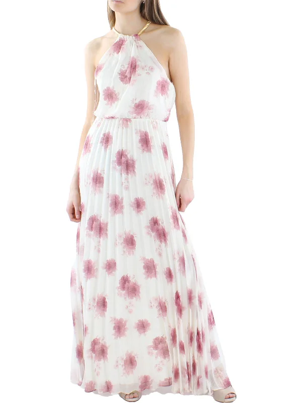 Womens Floral Print Maxi Evening Dress Pleated A-line Skirt