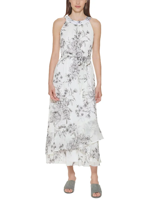 Womens Floral Print Maxi Halter Dress Pleated Maxi Skirt