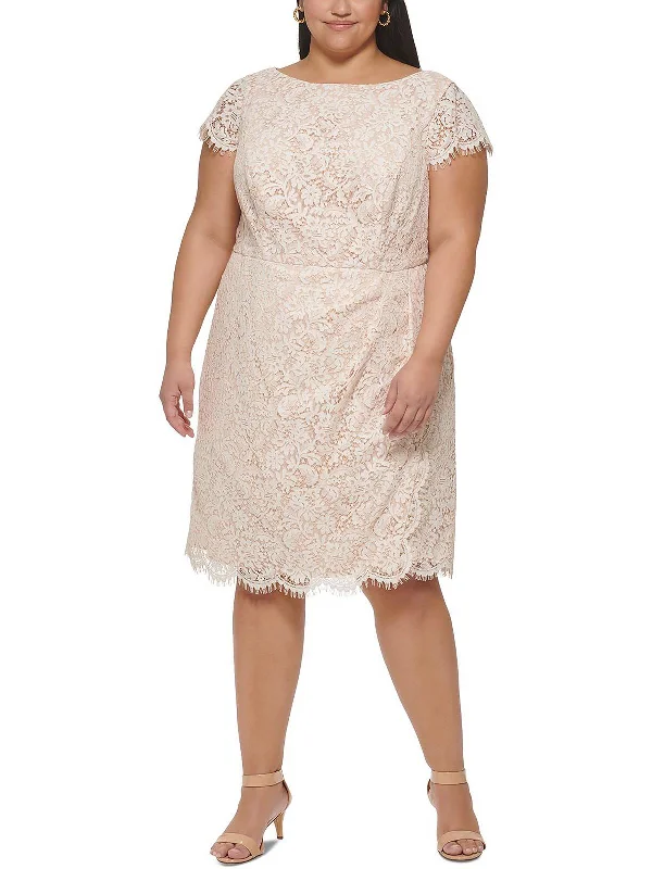 Womens Lace Scalloped Shift Dress Sleeveless Lace Dress
