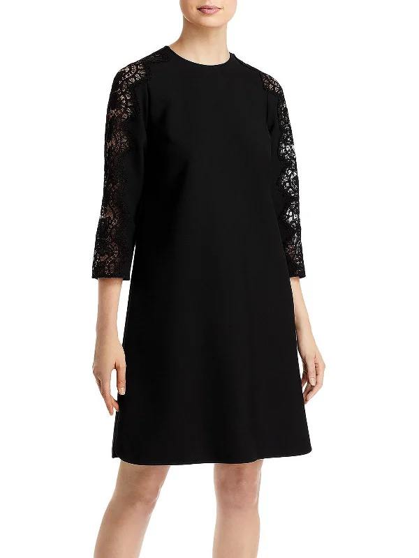 Womens Lace Trim Above Knee Shift Dress Long Sleeve Lace Dress