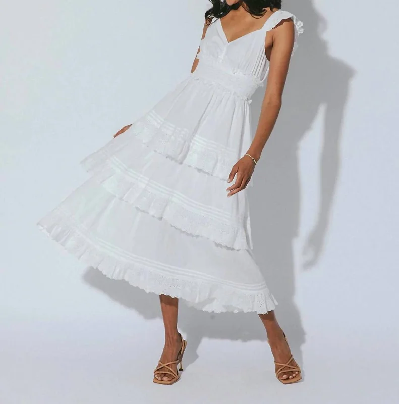 Amora Midi Dress In White Printed Midi Skirt