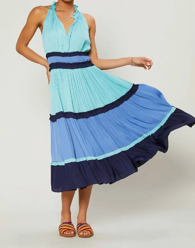 Colorblock Tiered Midi Dress In Blue Multi Midi Skirt with Pockets