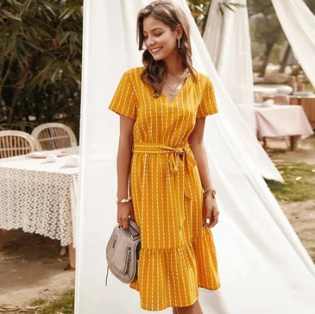 Elegant V-neck Casual A-Line Midi Dress Vintage Striped Sashes Lace-up Sundress Stylish Midi Skirt Elegant V-neck Casual A-Line Midi Dress Vintage Striped Sashes Lace-up Sundress Stylish Midi Skirt