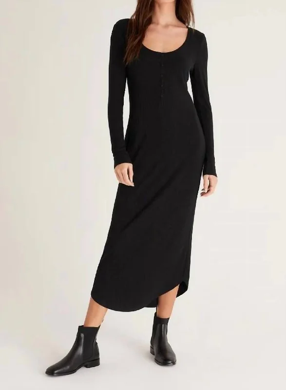 Heidi Rib Henley Midi Dress In Black Silk Midi Skirt