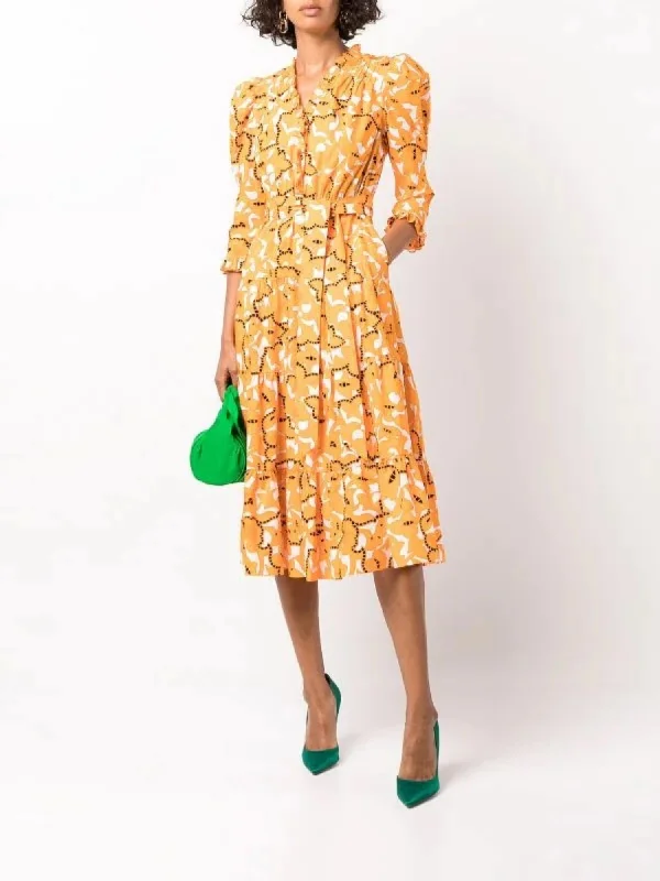 Leylani Ruffled Midi Dress In Paisley Buds Marigold Bohemian Midi Skirt