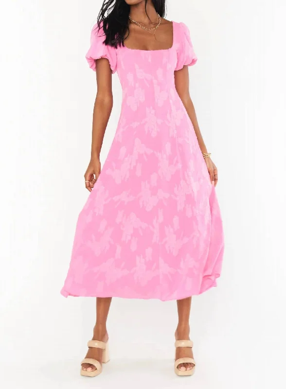 Mia Midi Dress In Pink Clip Floral Soft Denim Midi