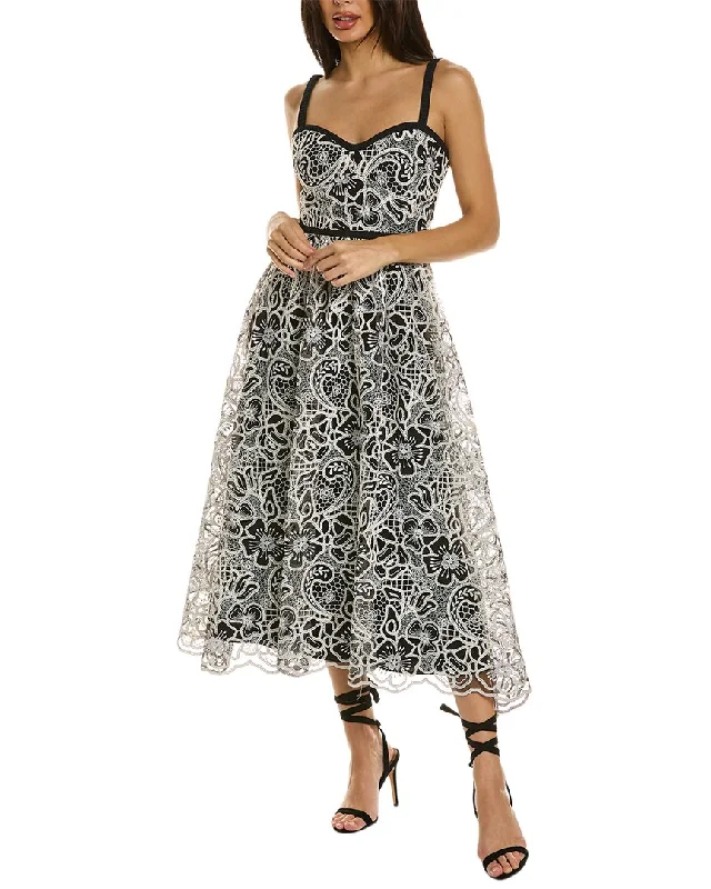 ML Monique Lhuillier Lace Midi Dress Ruffled Skirt Midi
