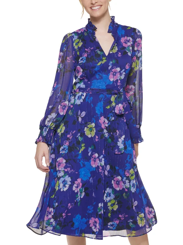 Petites Womens Ruffle Shimmer Midi Dress Cozy Midi Dress