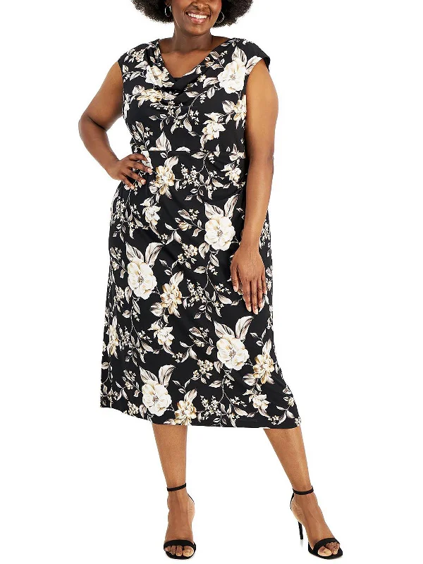 Plus Womens Cowlneck Mid-Calf Midi Dress Maxi Length Midi