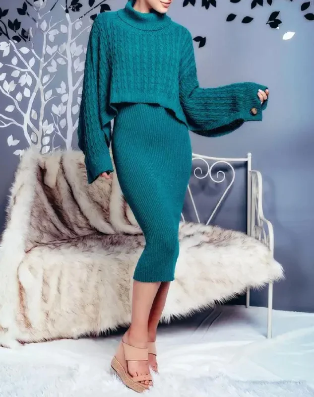 Ribbed Midi Dress And Turtleneck Sweater Set In Teal Wrap Midi Skirt