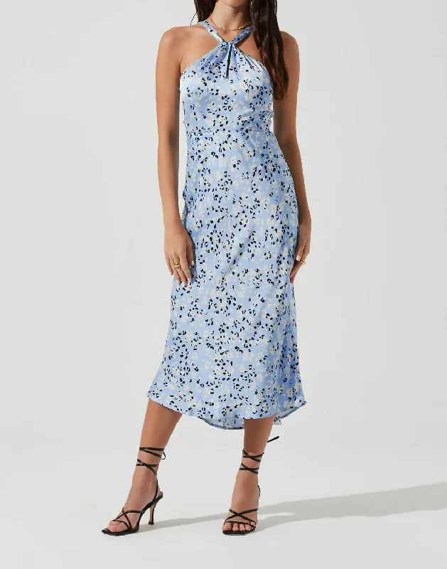Sandrine Abstract Halter Midi Dress In Blue Floral Printed Floral Midi