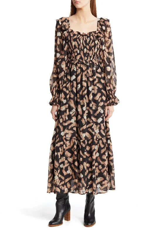 Shirred Square Neck Ruffle Midi Dress In Black Floral Soft A-line Skirt
