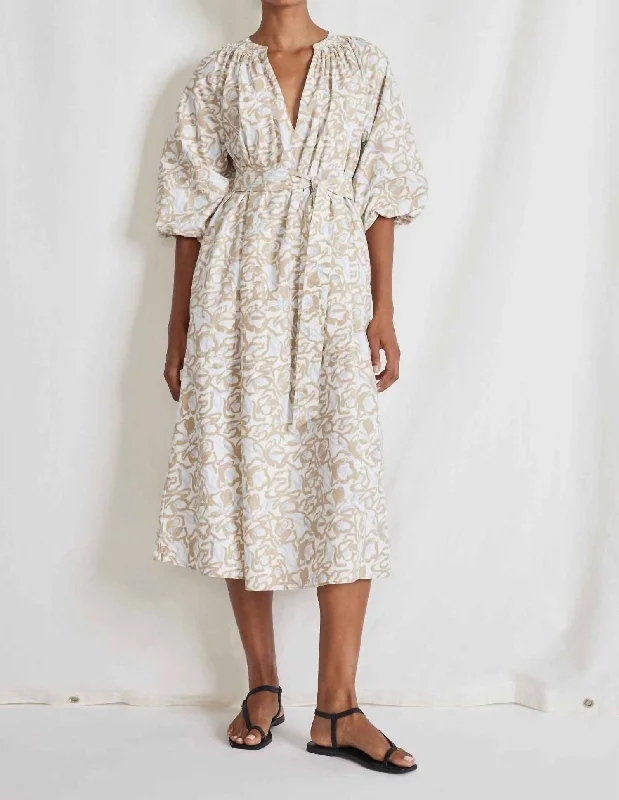 Sun Mesa Midi Dress In Brushed Floral Sand Elegant A-line Skirt