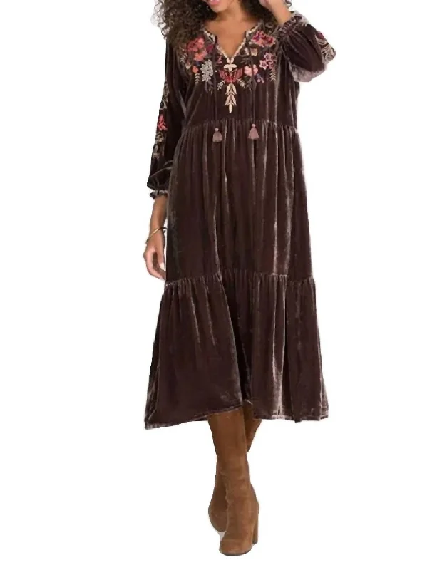 Taline Velvet Boho Midi Dress In Coffee Bean Soft Pleated Midi