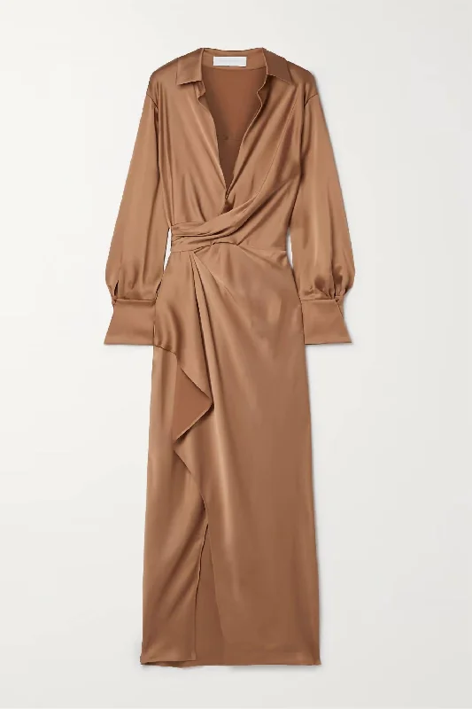 Talita Woven Drape Front Midi Dress In Latte Casual A-line Skirt