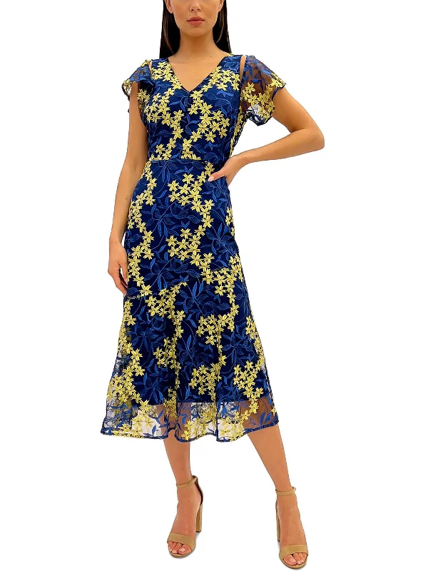 Womens Embroidered Calf Midi Dress Formal Midi Skirt