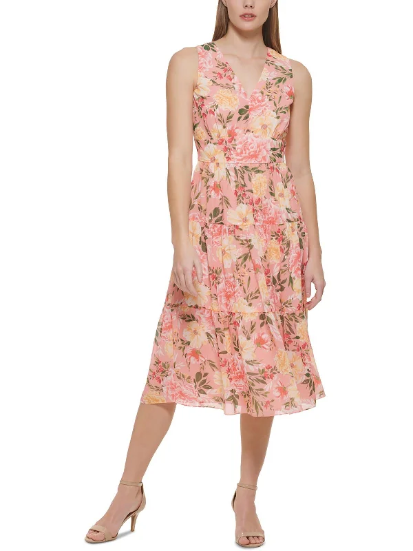 Womens Floral Print Calf Midi Dress Flowy Midi Skirt