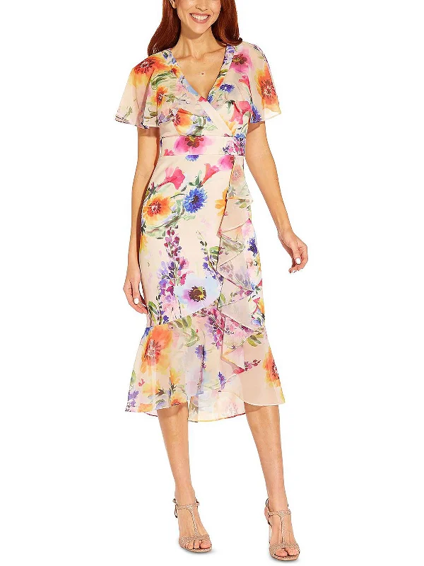 Womens Floral Print Faux Wrap Midi Dress Wraparound Midi Skirt