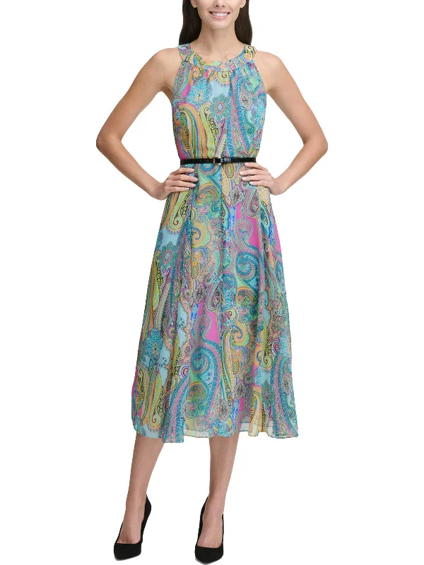 Womens Paisley Sleeveless Midi Dress Button Midi Skirt