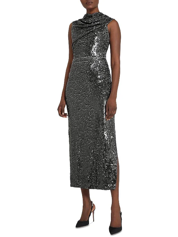 Anna Womens Sequined Draped Evening Dress V-neck Sequin Dress