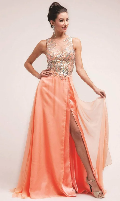 Cinderella Divine 7922 - Sequin Illusion A-Line Gown Sequin Lace Dress