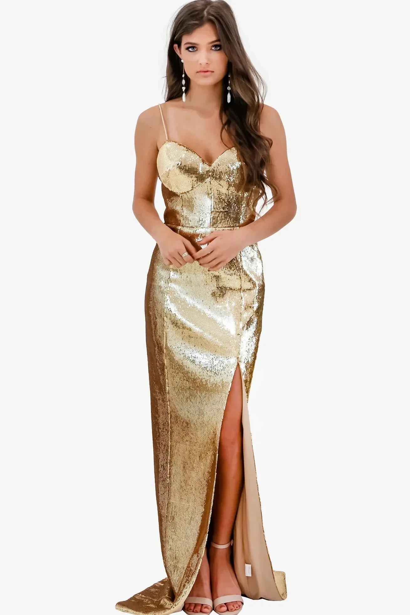 Jadore JX2044 Dazzling Gold Sequin Bustier Gown Sparkly Mini Sequin