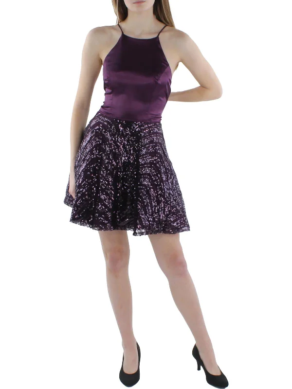 Juniors Womens Satin Sequined Fit & Flare Dress Sexy Sequined Dress