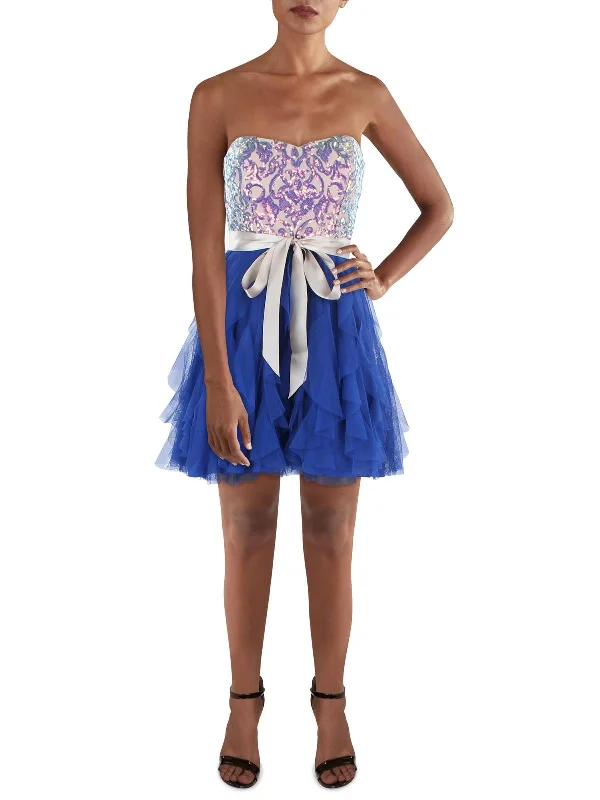 Juniors Womens Sequined Above Knee Fit & Flare Dress Strapless Sequin Dress