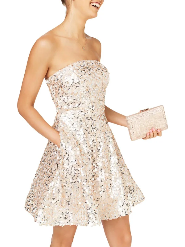 Juniors Womens Sequined Strapless Fit & Flare Dress Black Sequin Gown