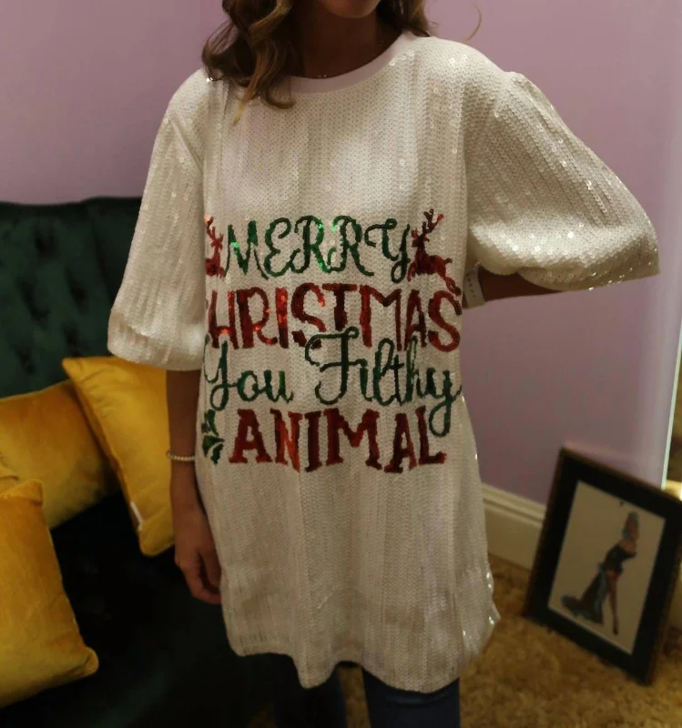 Merry Christmas You Filthy Animal Sequined Top/dress In White Off-shoulder Sequin