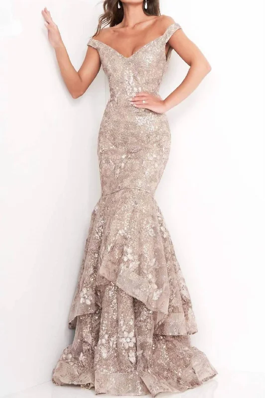 Off Shoulder Sequined Lace Gown In Taupe Sequin Dress Fashion