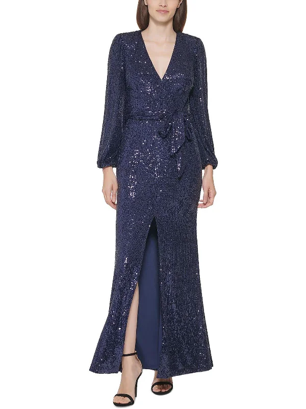Petites Womens Sequined Belted Evening Dress Sequin Dress Sleeveless