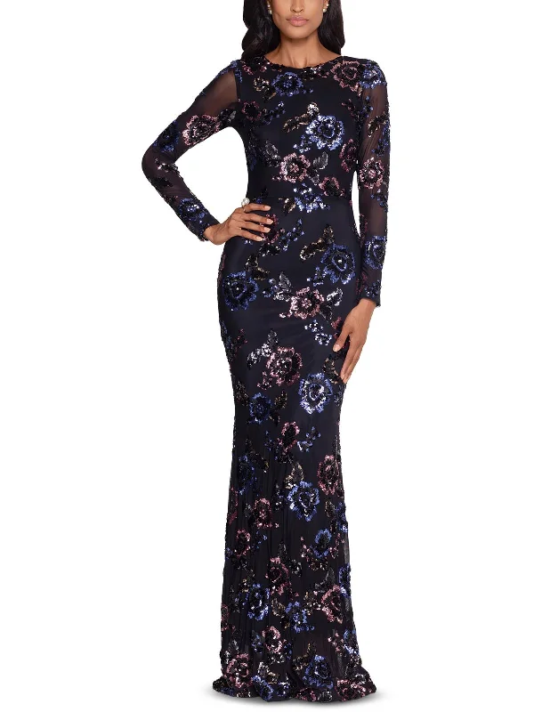 Petites Womens Sequined Long Evening Dress Sequin Dress Trendy